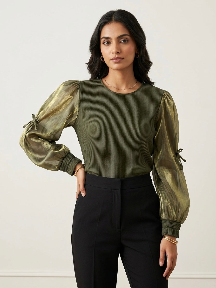 Sheer Sleeve Ribbed Top