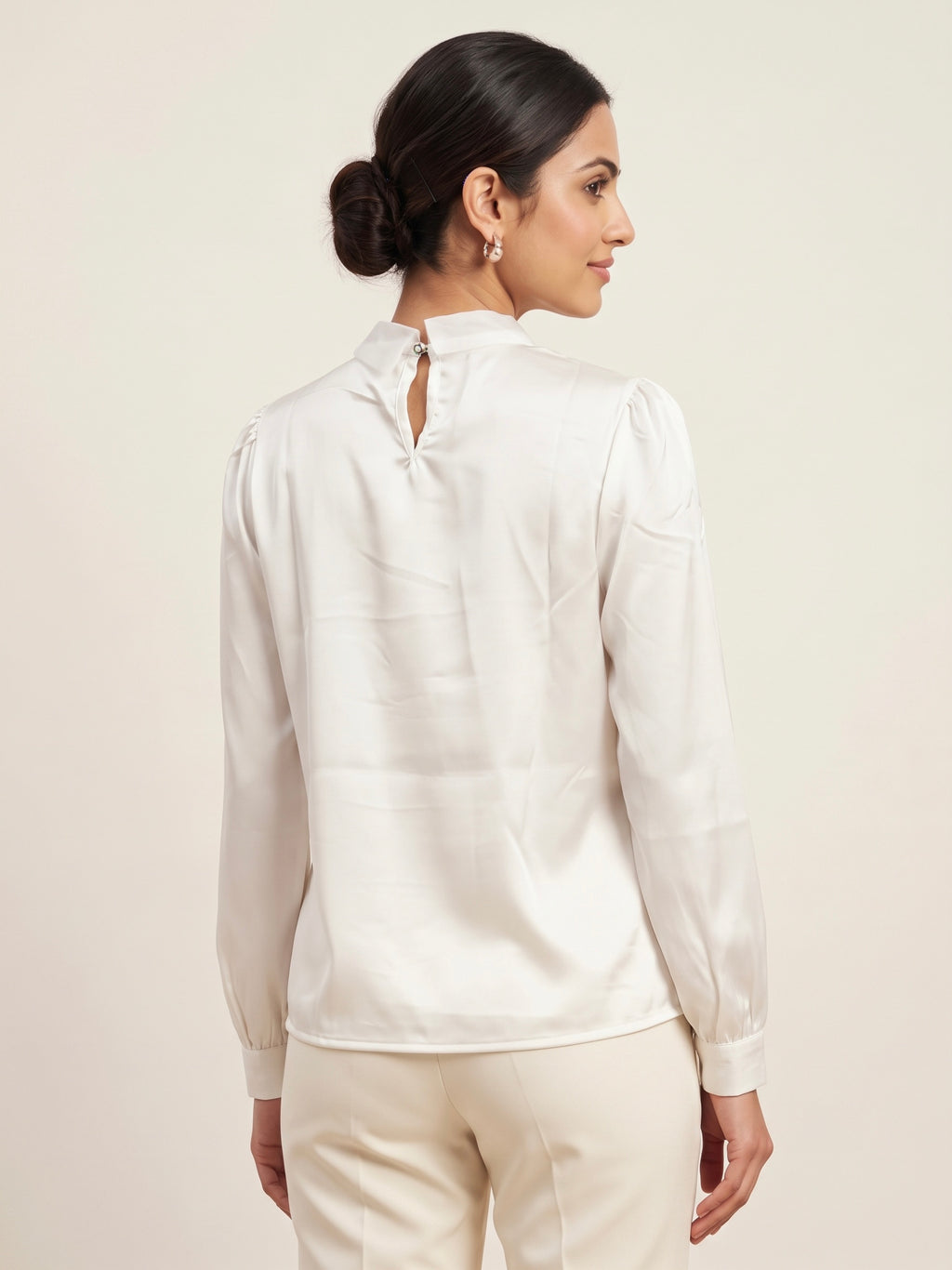 Imported Silk-Satin Tie-Neck with Pearl Detailing