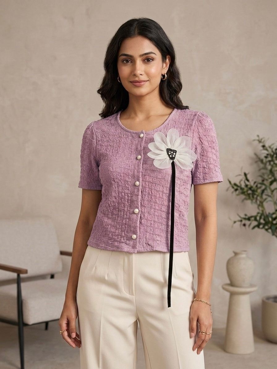 Imported Textured Floral Brooch Top