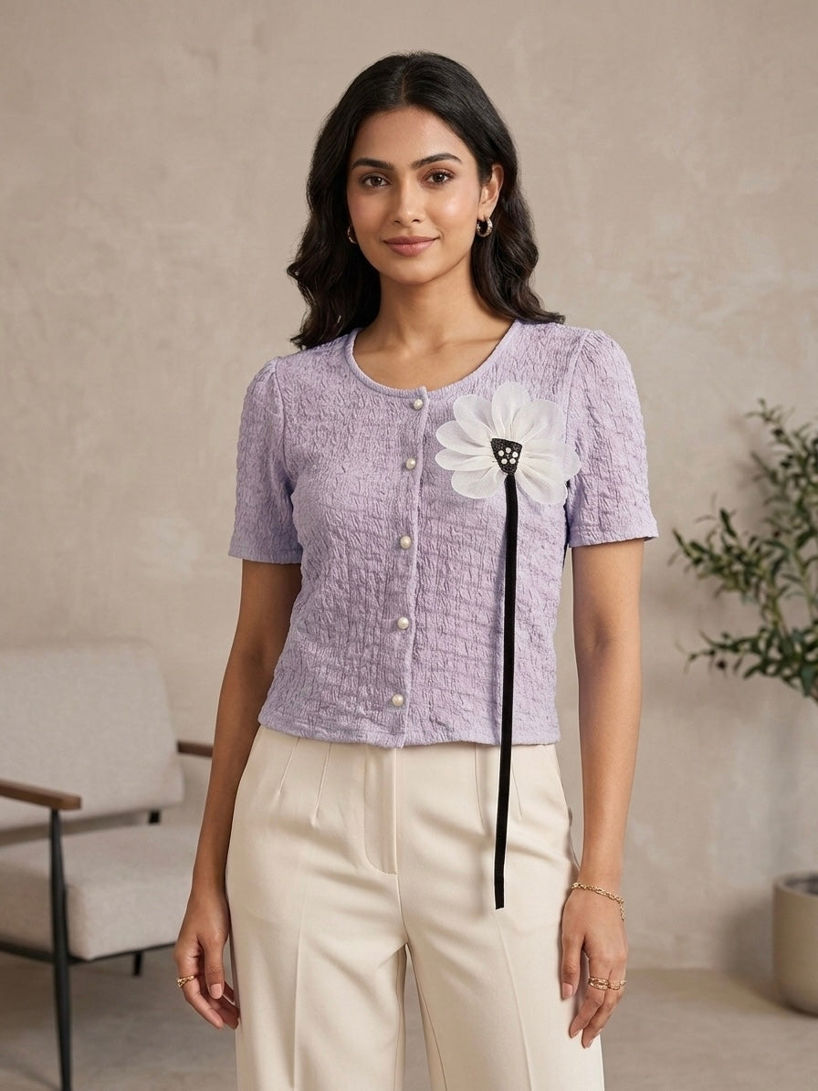 Imported Textured Floral Brooch Top