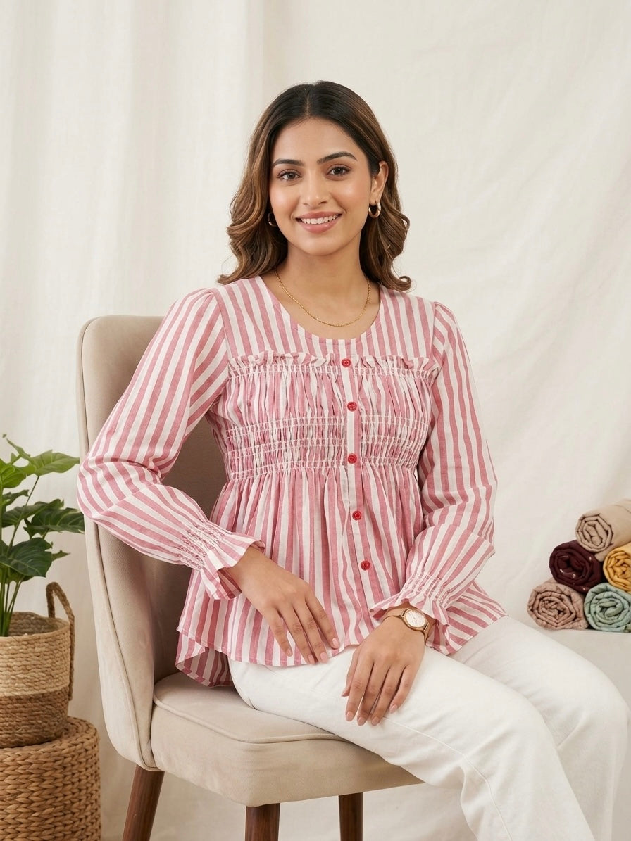 Imported Striped Smocked Peplum Top