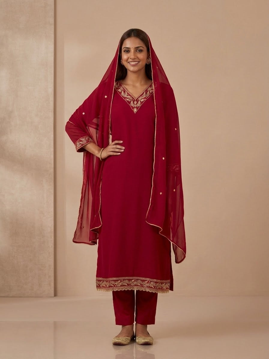 ⁠MAROON GEORGETTE EMBROIDERED KURTA SET WITH DUPATTA⁠